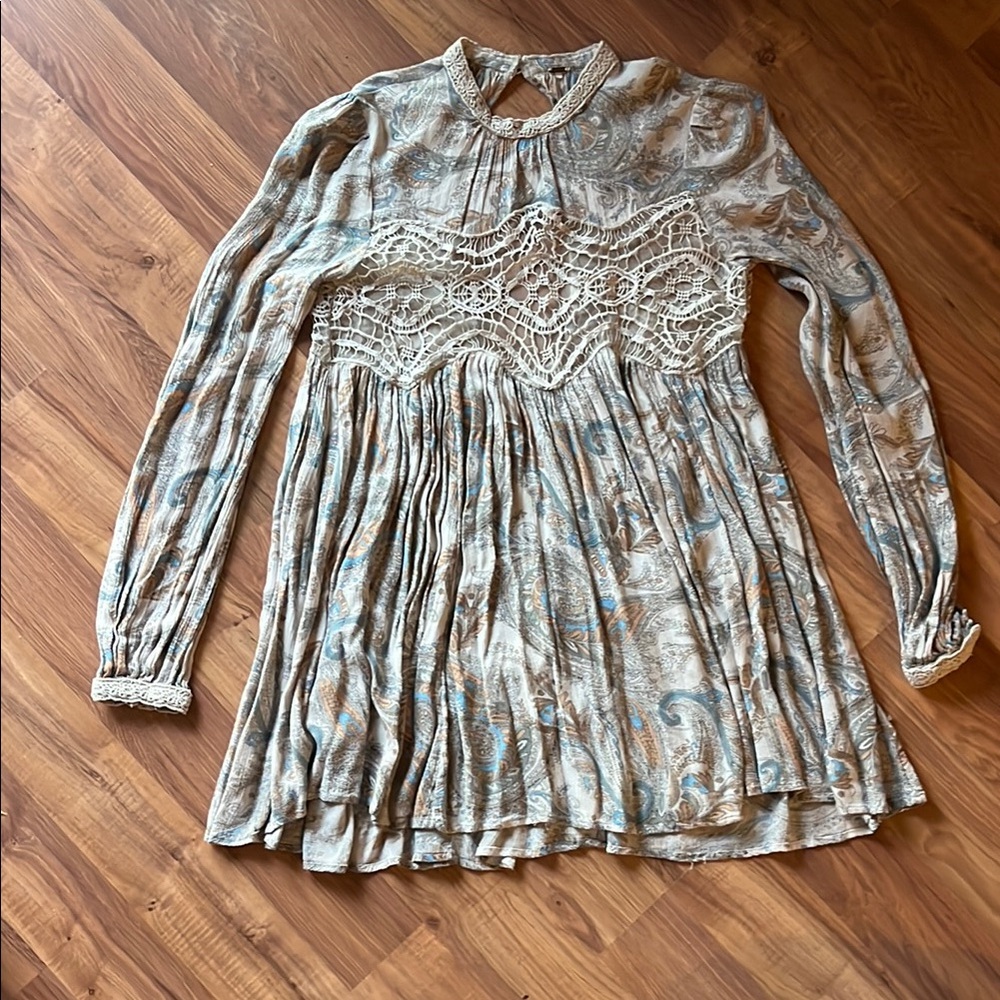 Free People Long Sleeve Dress - Cream and Blue